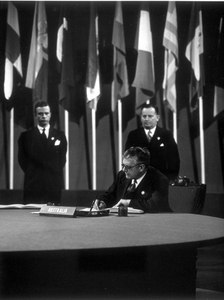 Dr HV Evatt signs the UN Charter, 1948.