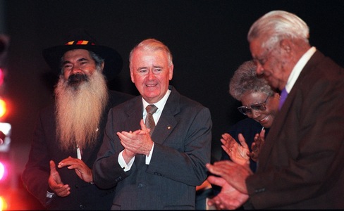 Distinguished company at the Reconciliation Conference, from left: Patrick Dodson, Sir William Deane, Faith Bandler and Joe McGinness.