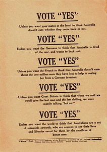 Black-and-white leaflet encouraging people to vote 'yes' for conscription.