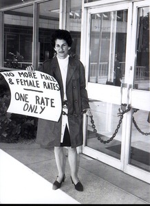 Equal pay activist Zelda D’Aprano chained to the front doors of the Commonwealth Building in Melbourne, 16 April 1970.